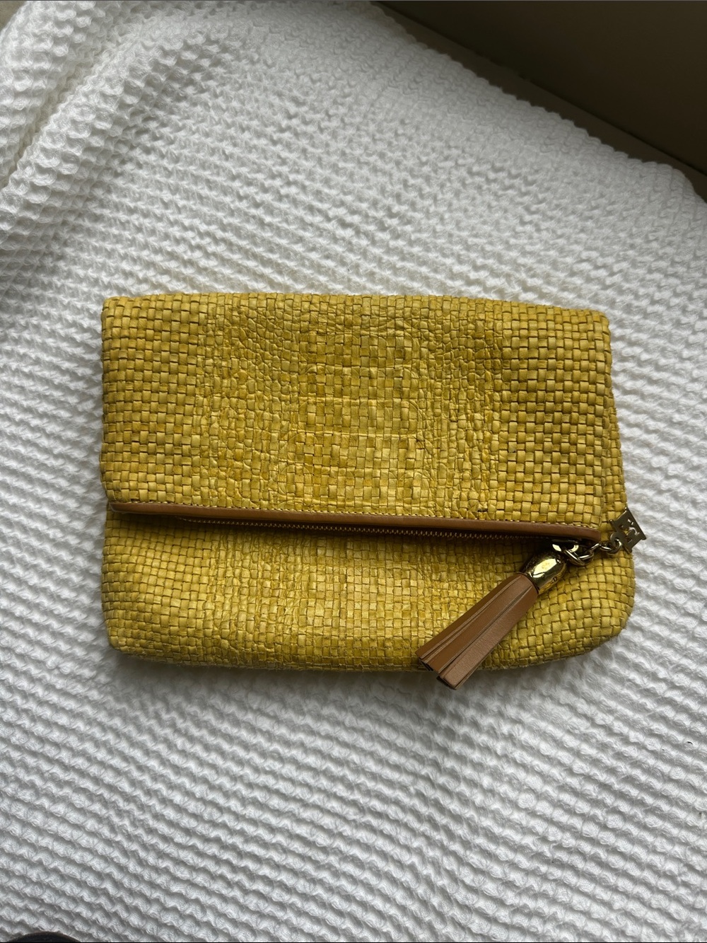 Escada Woven Fold-Over Clutch in Mustard Yellow
